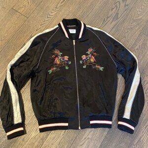 SAINT LAURENT PARIS BIRDS OF PARADISE SATIN VARSITY JACKET